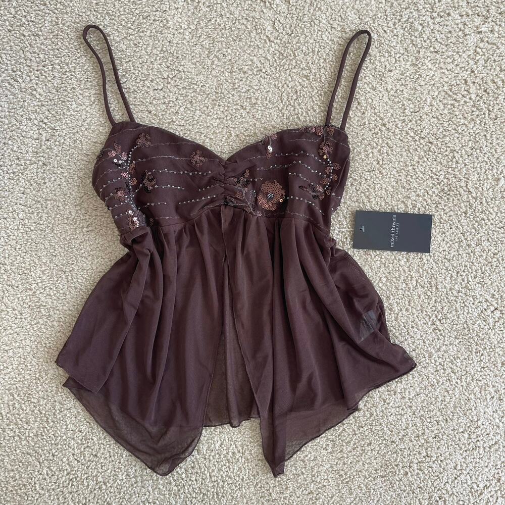 Y2K brown beaded sequin fairycore camisole sheer top - size L
